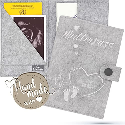 Emadele Mutterpass Schutzhülle 'Liebe im Bauch' aus Filz Handmade Grau - Organizer Mit Fächern für Ultraschallbilder, Impfpass-Hülle A5 Format für Deutschen Mutterpass