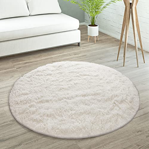 Paco Home Hochflor Teppich Wohnzimmer rutschfest Fellteppich Shaggy Flauschig Weich Modern Kunstfell Fell Imitat Einfarbig, Grösse:80 cm Rund, Farbe:Ivory (Creme)