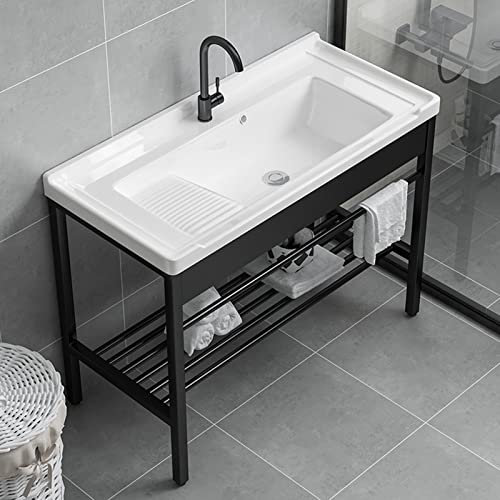 Lavabo in ceramica Bianco Lavatoio Lavello for Esterno e Interno Mobile Lavandino con piedistallo Supporto in Acciaio Inossidabile for ristoranti,bagni,Garage,Magazzini,il Bagno e Toilette ( Size : 91