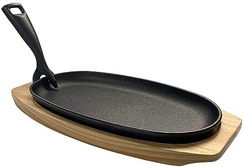 qteck Servierpfanne aus massivem Gusseisen 24x14 cm Fajita BBQ Pfanne mit abnehmbarem Griff und Holzunterlage