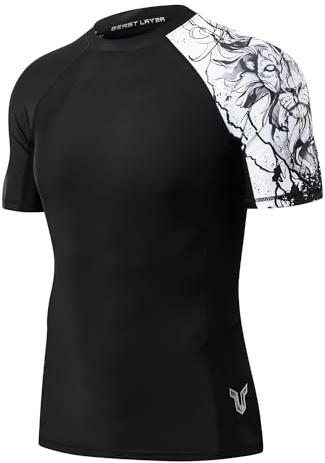 HUGE SPORTS Men's Rash Vest Quick Dry Sun Protection Short-Sleeve Swim Shirt for Snorkeling Surfing Diving Rash Guard BJJ Jiu Jitsu (Black Lion,2XL)