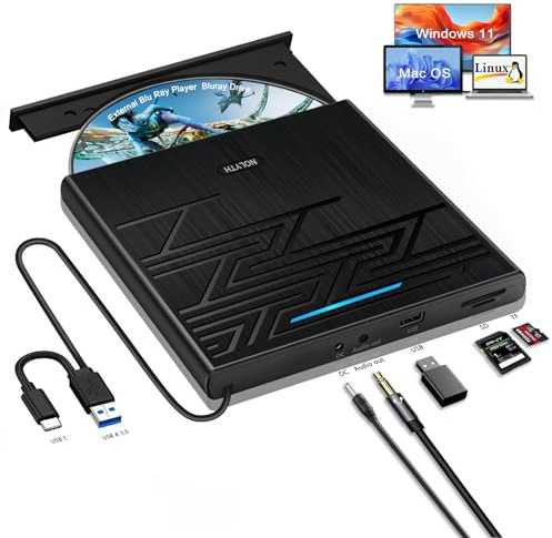 NOLYTH Unidad Blu Ray externa USB 3.0 Blu-Ray Drive USB C Bluray quemador portátil Blu Ray reproductor de DVD para computadora portátil PC Windows Mac MacBook, con conector de audio de 3.5