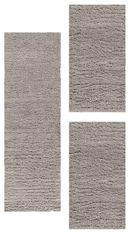 Carpetsale24 Bettumrandung Schlafzimmer 3 teilig Hochflor Teppich Beige Bettvorleger Schlafzimmer Bettset: 2 St. 60x110 cm | 1 St. 80x250 cm - Einfarbiger 50 mm Flauschiger Teppich Läufer Set