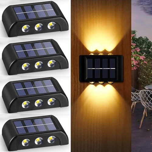 YUNYODA Solar Wandleuchte Aussen 4 Stück, Solarlampen für Außen Wand mit Up & Down Licht, IP65 wasserdichte LED Solarleuchten Garten Dekorative für Balkon Zaun Veranda Hof Rasen Terrasse, Warmweiß
