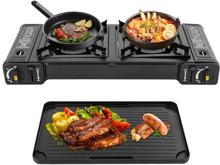 Fornello a gas portatile con piastra grill, fornello da campeggio a 2 fuochi, fornello da campeggio butano per trekking, picnic, camper