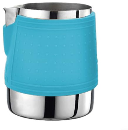 PETSTIBLE Milchaufschäumtopf aus Edelstahl, Espressokanne mit griffloser Silikonhülse, Zylindermund-Design und doppelter Bogenführungsrille für verschiedene Muster (blau)