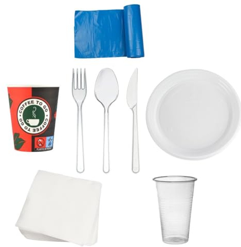 Daybays 801-Teilig mit 200ml Pappbecher, Plastikbecher Transparent, Ungeteilt Teller, Plastikgabel, Plastiklöffel, Plastikmesser und Servietten
