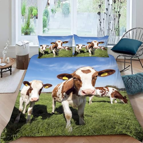 Vaca Lechera Juego De Funda NóRdica De Microfibra De 220 x 240 cm Césped Verde 3 Piezas Fundas NóRdicas Suaves Y Transpirables con Cremallera 2 Fundas De Almohada 50 x 75 cm