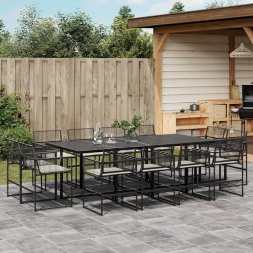 Homgoday Gartenmöbel-Set, Esstisch für den Garten, 13-teilig, mit schwarzen Kissen aus Polyrattan, Gartenmöbel, Tisch und Stühle für den Außenbereich, Set