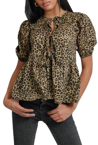 XIXIMAON Chemise Rayée Femme à Manches 3/4 Blouse Péplum Nouée Devant avec Nœud Papillon Chemisier à Volants Y2K Top Haut Décontracté Col Rond (Léopard Lacets, S)