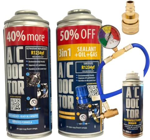 AC DOCTOR Tapa de fugas 3 en 1 – Aceite – Gas Refrigerante Biológico Ecológico Sustituto R1234yf para recarga R1234yf + Tubo con manómetro + Adaptador HP/LP