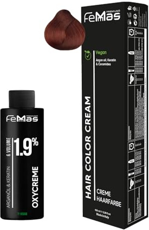 Femmas Haarfarbe Set Kupfer I Hair Color Cream 100ml + Oxycreme 100ml 1,9% I Permanente Haar-Coloration + Entwickler I Schonend & langanhaltend I Salon-Haarfarbe für Zuhause