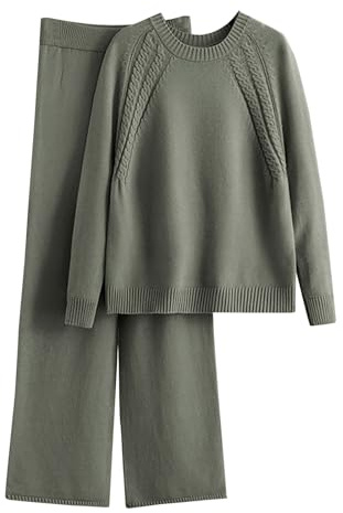 Chándal para mujer para el tiempo libre, de punto, con suéter jacquard + pantalones de pierna ancha, de un solo color, elegante conjunto de punto acanalado, chándal de moda oversize Y2K, Verde, Talla