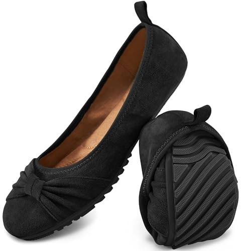 Ecetana Women's Ballet Flats Shoes Dressy Round Toe Bowknot Slip Ons Comfortable Suede Foldable Loafers for Casual Work Business Black
