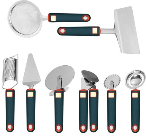 HIFIND Kitchen Gadget Set 8 PCS 304 Stainless Steel Utensils with Silicone Handles, Accessories Includes Powder Mesh, Cheese Grater, Cake Server, Turner, Can Opener, Egg separator, Pizza Cutter