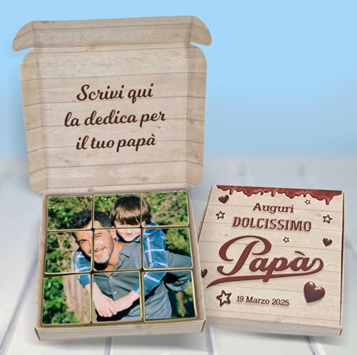 Scatola cioccolattini personalizzata con foto e dedica. Idea regalo festa del papà. Confezione con 9 cioccolatini al latte personalizzati con foto.