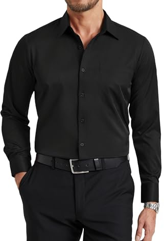 Enlision Schwarz Hemden Herren Bügelfrei Stretch Langarm Businesshemden Regular Fit Formelle Büro Anzughemd mit Tasche XL