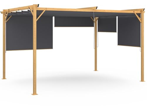 IDMarket - Pergola edición exclusiva efecto madera techo retráctil 3 x 4 m y 4 persianas, color gris antracita