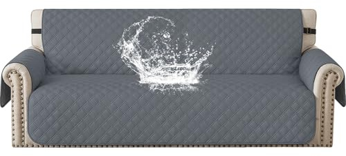 YSTELLAA 100% Wasserdicht Sofa Überzug 3 Sitzer, Sofabezug rutschfest, Gesteppte Sofaüberzug Mit Seitentaschen, Couchschoner, Couch Überzug Kratzfest Für Haustiere Hunde Katzen, Dunkelgrau
