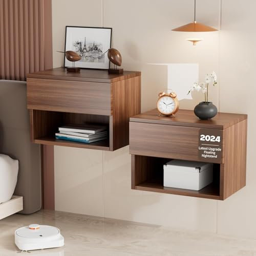 Kiseely Floating Nightstand, Modern Wall Mounted Bedside Table with Drawer, Wood Bedside Shelf & Desk, End Table Wood Modern Night Stand for Bedroom (Walnut TC2, Set of 2)