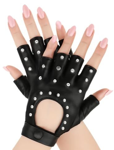 Huybaa Mitaine Cuir, Mitaines Homme, 1 Paire Sans Doigts en Cuir, Élégants Gants Punk Sans Doigts Femme pour Halloween Femmes Filles Cosplay Performance (Noir)