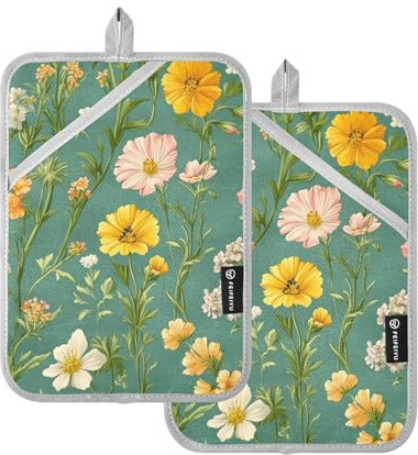 ZRWLUCKY Pot Holders Heat Resistant Spring Flowers Sage Teal Potholders With Pockets Hot Pot Holders For Kitchen Oven Pads 2 Pack