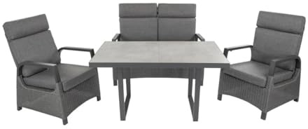 Green Spirit - Garten Sitzgruppe Montana - Grau, Polyrattan, Aluminium, für 4 Personen, Wetterfest, Gartenmöbel-Set 4 teilig mit Bank, Tisch, 2 Sessel