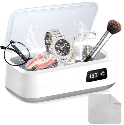 Ultrasonic Cleaner, 640ml Jewellery Glasses Cleaner 49kHz Ultrasonic Tooth Retainer Sonic Cleaner Machine, Silver Cleaner Jewelry Cleaning Kit for Jewellery Ring Glasses Watch Dental Pod Dentures