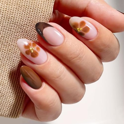 JMEOWIO Nagelfolie UV Härtend Kaffee Blumen French Tip UV Gel Nail Strips Nagelsticker Nagelaufkleber Nail Art Dekoration Nageldesign Zubehör