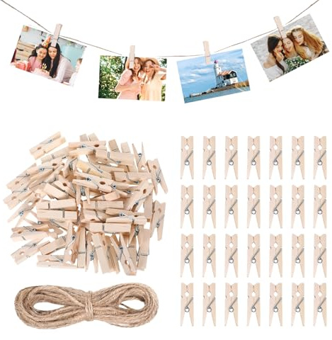Yuuchoringee 150 Stück Mini Wäscheklammern Holz Holzklammern Klein Natur 3,5 cm mit 10 m Fotoleine – Holzwäscheklammern Kleine Klammern für Fotos Aufhängen, Fotowand, Karten, Basteln und Dekoration