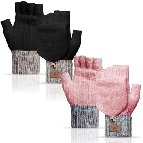 Tolaler 2 Paar Damen Winter Warm Fingerlose Handschuhe Winterhandschuhe Thermo Touchscreen Kaschmir Halbfinger Flip Top für Sport Radfahren Autofahren Outdoor Rosa Schwarz Einheitsgröße