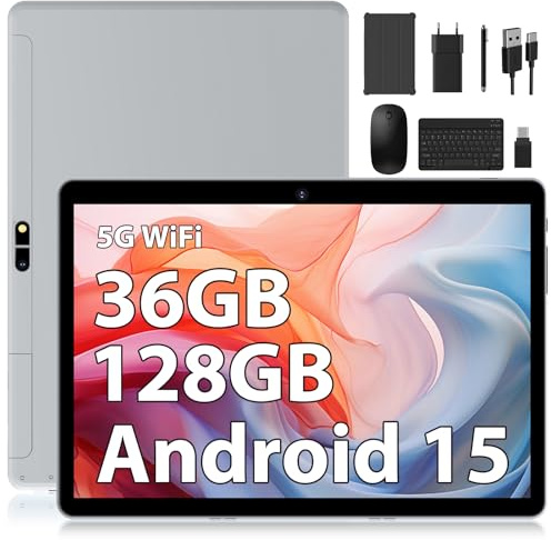 DEEMWOLF Android 15 tablet 10 Inch 36GB RAM+128GB ROM (TF 1TB),Android Tablets 5G WiFi,BT5.0,8000mAh,with Keyboard+Mouse(Grey)
