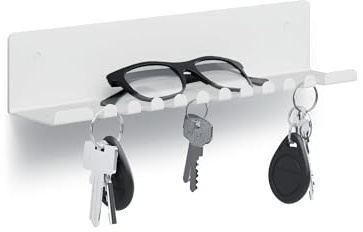 byde Bakker - Mensola da parete 30 x 6 x 6 cm, con 10 ganci e porta cavo di ricarica, organizer per chiavi, lettere e piccoli oggetti, ripiano in lamiera di acciaio verniciato a polvere, colore bianco