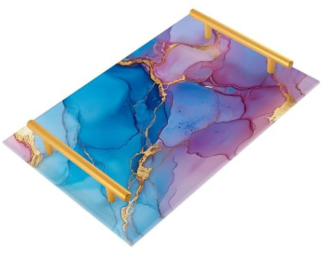 Plateau décoratif en marbre bleu vif avec poignées et poignées - Plateau décoratif pour bijoux, parfum - Pour service moderne - Bandejas para desayuno plastica