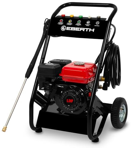 EBERTH 6,5 CV Hidrolimpiadora de Alta presión a Gasolina (210 Bar, 5 Boquillas, 8m Manguera, Pistola de Alta presión, Motor de 4 Tiempos y 196 CC, Arranque rectractil, Seguridad por Falta de Aceite)