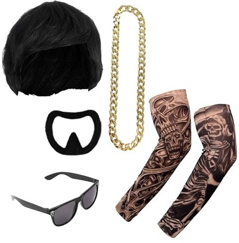 Ibiza Final Boss Kostüm Zubehör Set - Schwarze Schalenschnitt Perücke, Ziegenbart, Goldkette, Fake Tattoo Ärmel & Schattierungen - Lustiges Kostüm Kit für Festivals & Partys Trend - Einheitsgröße