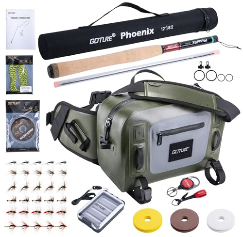 Goture 12ft 3.6m Tenkara Rod with 840TPU Fishing Waist Bag & Spare Tip Section, Complete Beginner Tenkara Fishing Kit, 8:2 MF-Action 24T+30T Carbon Fiber, Cork Handle, Ideal for Travel Hiking Camping