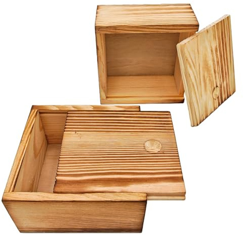 Anktily 2-Pack Unfinished Wooden Box with Sliding Lid, DIY Burned Wood Finish Storage Case for Jewellery & Craft Supplies (10x10x5cm)