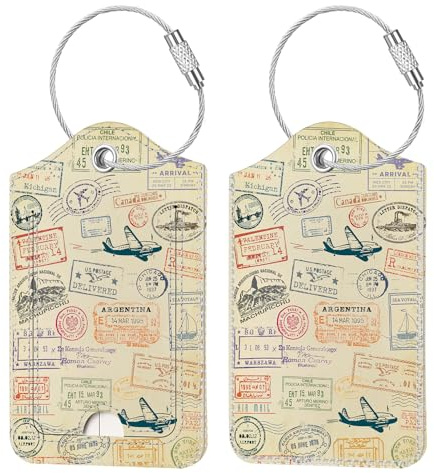 [2 Stück] Fintie Kofferanhänger mit Adressschild | Kunstleder Gepäckanhänger ID Etikett mit Edelstahl Drahtseil und Namenschild für Reisetasche Koffer, Vintage-Poststempel
