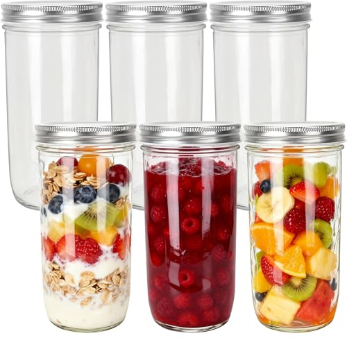 Yishik 24 oz Mason Jars with Silver Lids and Bands, 6 Pack | 720ml Glass Canning Jars for Preserving,Food Storage,Pickling,Party&Drink Favors