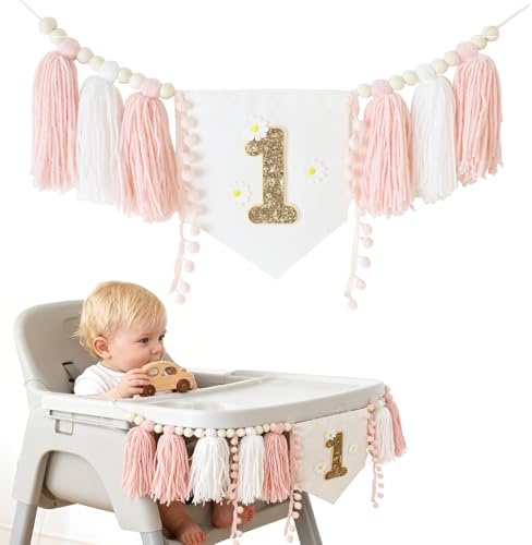 1 trona de cumpleaños, color rosa, decoración de fiesta, decoración de cumpleaños, guirnalda de lino vintage para niñas, niños, bebés, ducha, habitación infantil con diseño de margaritas (margaritas)