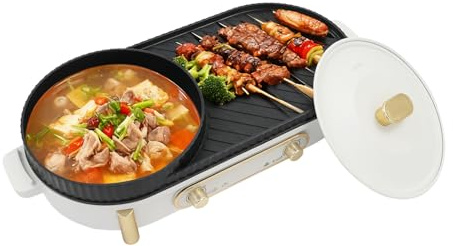 Hot Pot eléctrico con función de parrilla 1700 W – 2 zonas de regulación de temperatura para 3 – 8 personas, olla caliente con tapa, antiadherente con drenaje de aceite