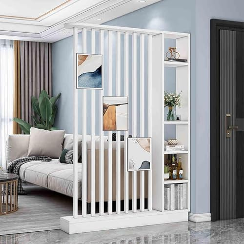 Mampara divisoria de Madera Independiente, Moderna mampara de privacidad Estilo Columna con Espacio de Almacenamiento, para la Salas de Estar, entradas, Estudios.(White+White,140cm/55.1in)