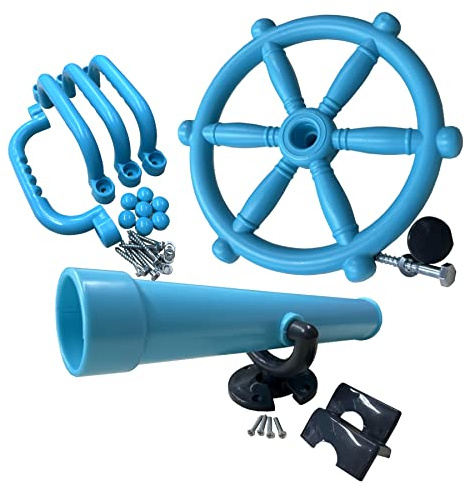 Zubehörset Spielturm Kinder – Piraten Lenkrad Ø30 cm, Fernrohr 30 cm & 4 Handgriffe – Kletterturm Zubehör für Baumhaus, Spielhaus & Abenteuerbett – Outdoor Spielgerät Set türkis