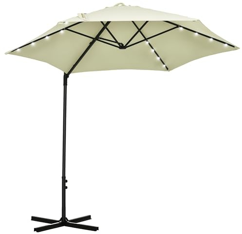 Outsunny Sombrilla de Jardín Ø256x248 cm Parasol de Terraza con Poste Giratorio 360° Manual con Luces LED Solares y Ventilación Superior para Jardín Patio Piscina Color Beige