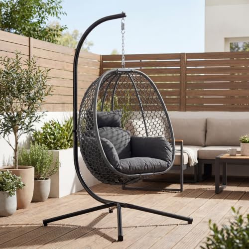 Ya-Home Hängesessel Outdoor mit Gestell Bequemer Hängeschaukel Grau | Hängekorb Sessel mit Kissen & Auflagepolster für Outdoor und Indoor, Balkon Schaukelstuhl Gartenschaukel belastbar bis 180kg