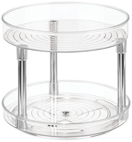 mDesign 2-Tier Lazy Susan Turntable for Kitchen Cabinets, Shelf, Table, Countertop - 9 Multi Level Rotating Organizer Carousel - Storage Turntable Organizer - Ligne Collection - Clear/Chrome