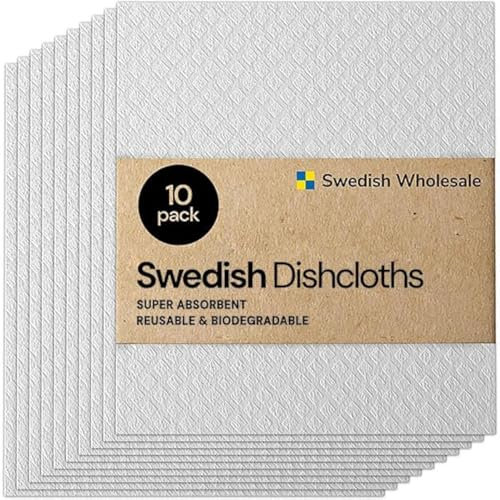 Swedish Wholesale Dishcloths Reusable 8 x 7 Sponge Cloths, Bulk 10 Pack of High Absorbent Cellulose Dish & Kitchen Cleaning Hand Towels, Wring to Dry & Machine Wash, Odor Resistant, White