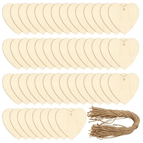 THE TWIDDLERS - 50 Blank Wooden Hearts for Crafting with String, Love Heart Hanging Decorations, Wooden Craft Shapes for Weddings, Heart Craft with String - 10 cm