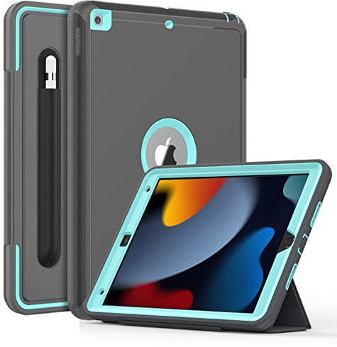 DAORANGE Funda para iPad 10.2 9a / 8a / 7a Generación 2021/2020 / 2019, Carcasa Resistente al Impacto con Portalápiz y Auto-Sueño/Estela Función para iPad 9.ª/8.ª/ 7.ª Gen 10.2 (Gris/Celeste)